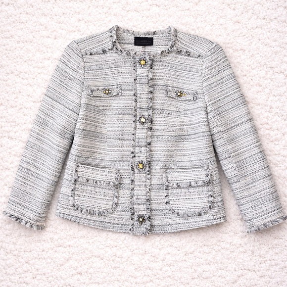 Eloquii Jackets & Blazers - Eloquii Gray Tweed Blazer Fringe Trim Gold Buttons Size 14